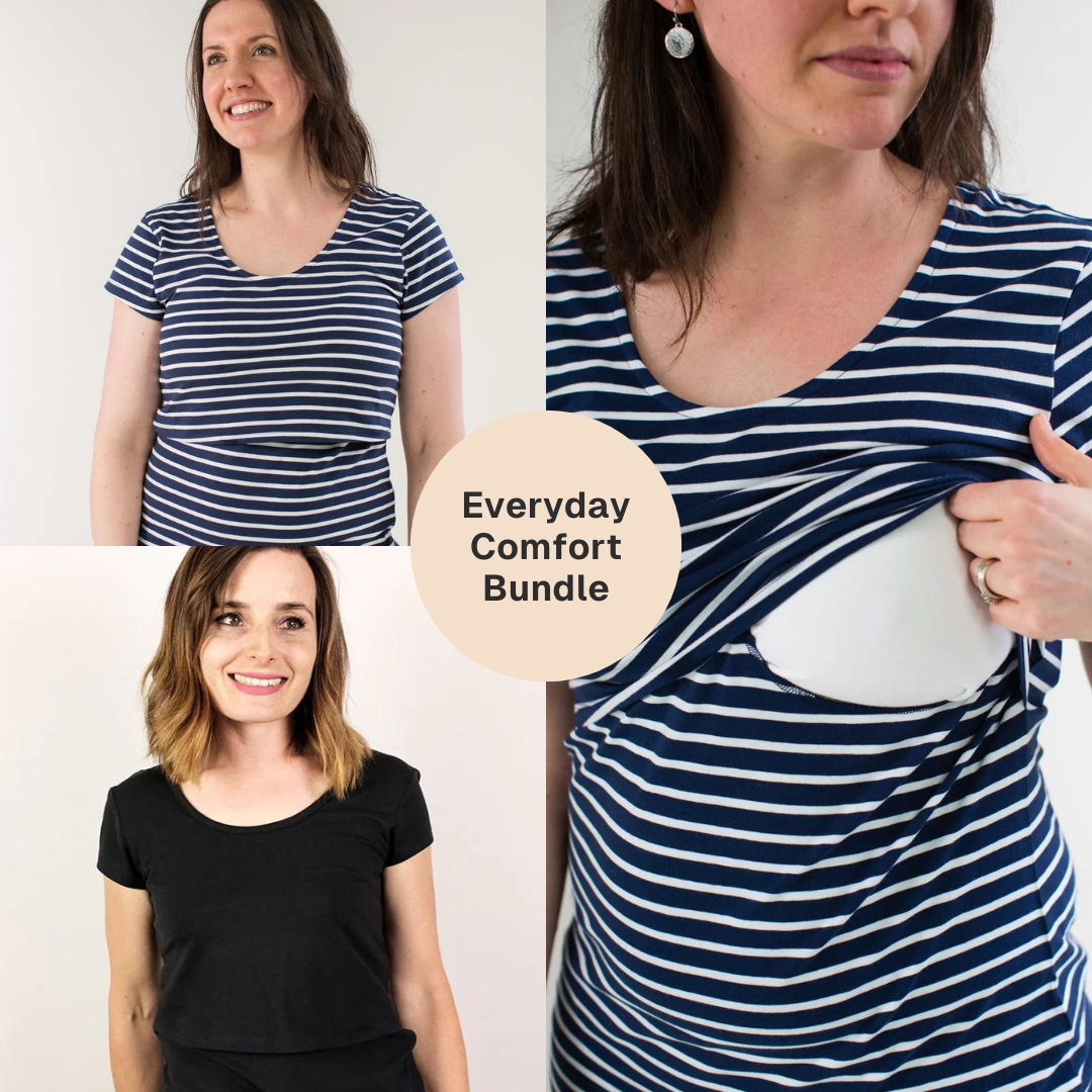 Bshirt Nursing short sleeve t-shirt Twin Pack- Black & Navy/White Stripe