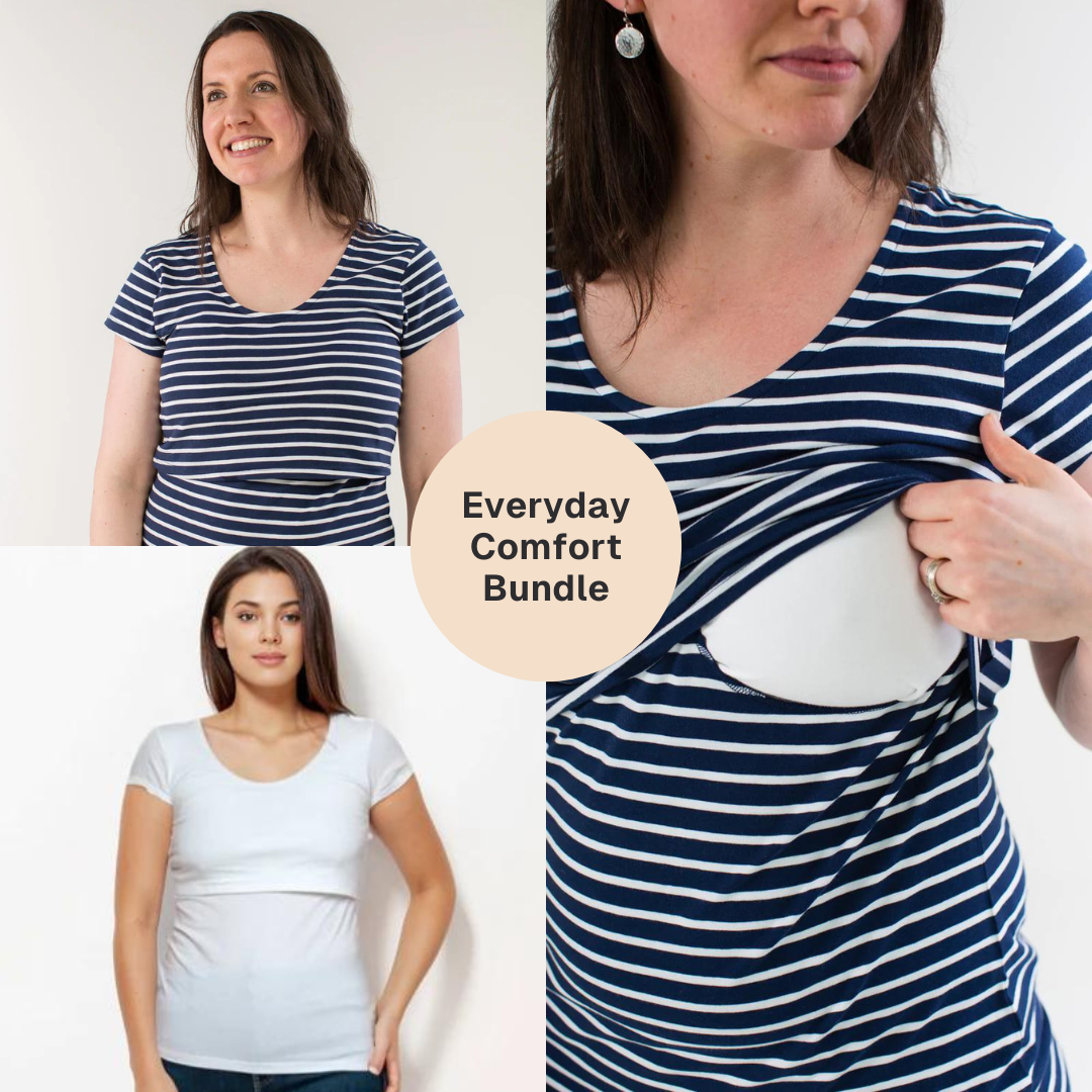 Bshirt Nursing short sleeve t-shirt Twin Pack- White & Navy/White Stripe