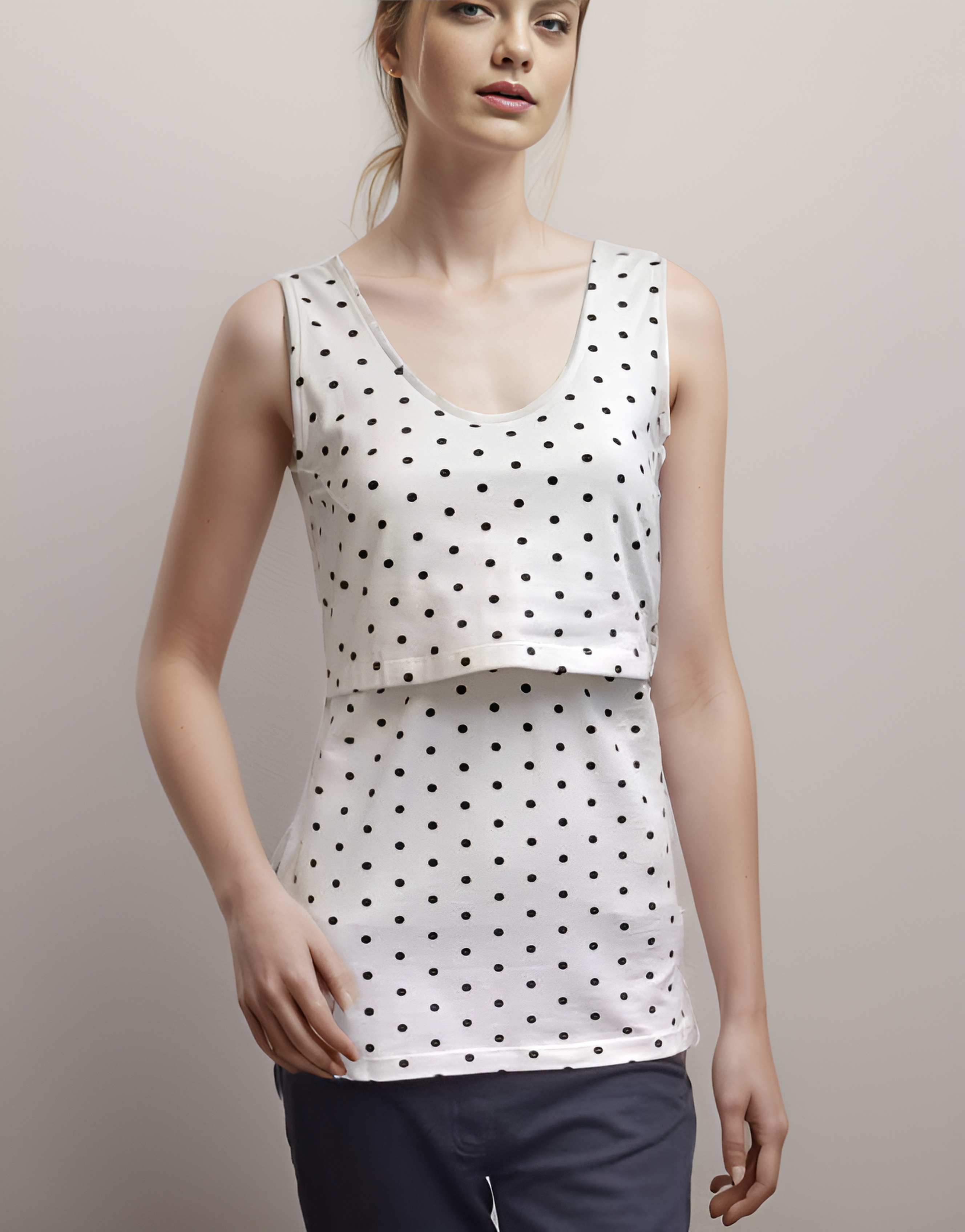 Bshirt Nursing Vest - Twin Pack -White & Cream/Black Spots