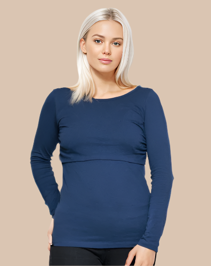 Organic Cotton Nursing Long sleeve T shirt No Clips or Zips Perfect Fit for Busy Mums Navy
