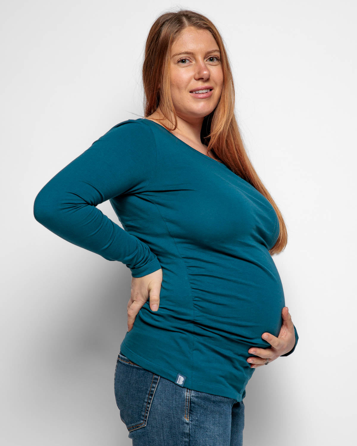 Maternity Long Sleeve Top in Teal Organic Cotton for pregnancy