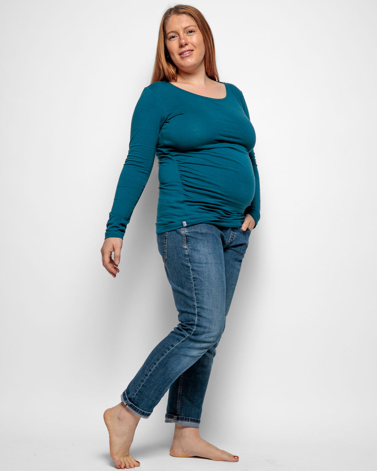 Maternity Long Sleeve Top in Teal Organic Cotton for pregnancy