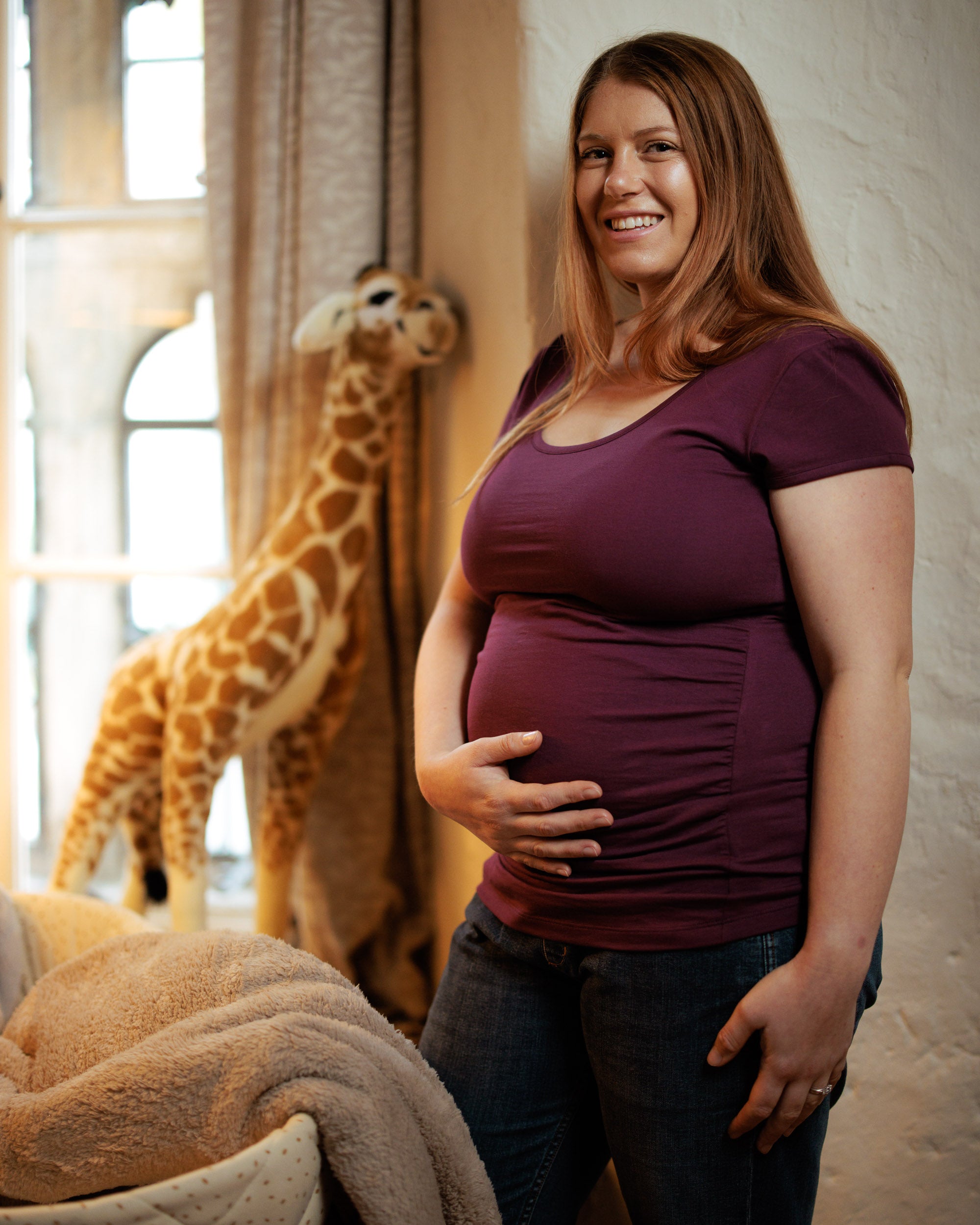 Maternity shirt sleeved t-shirt in Plum Purple Organic Cotton for pregnancy