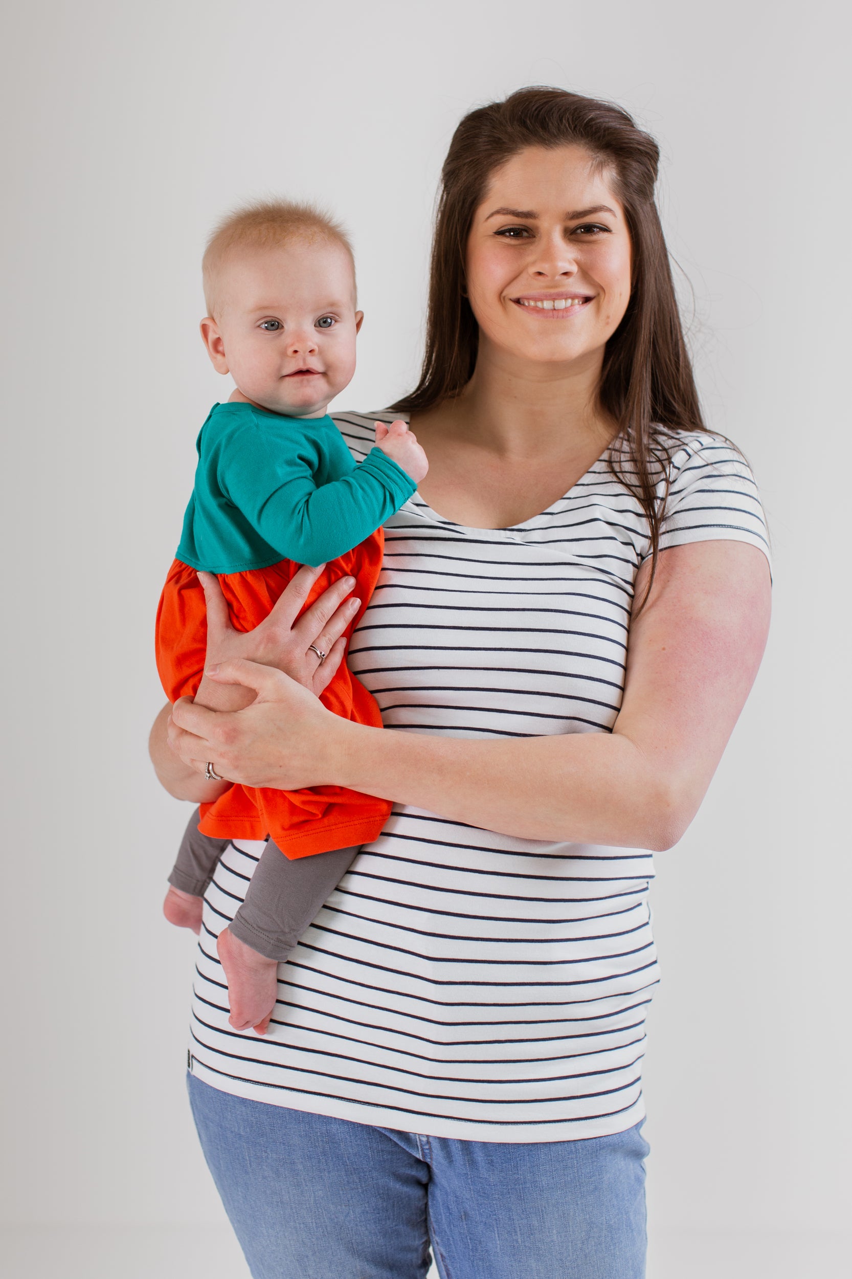 Nursing T-shirt in White with Navy Stripes