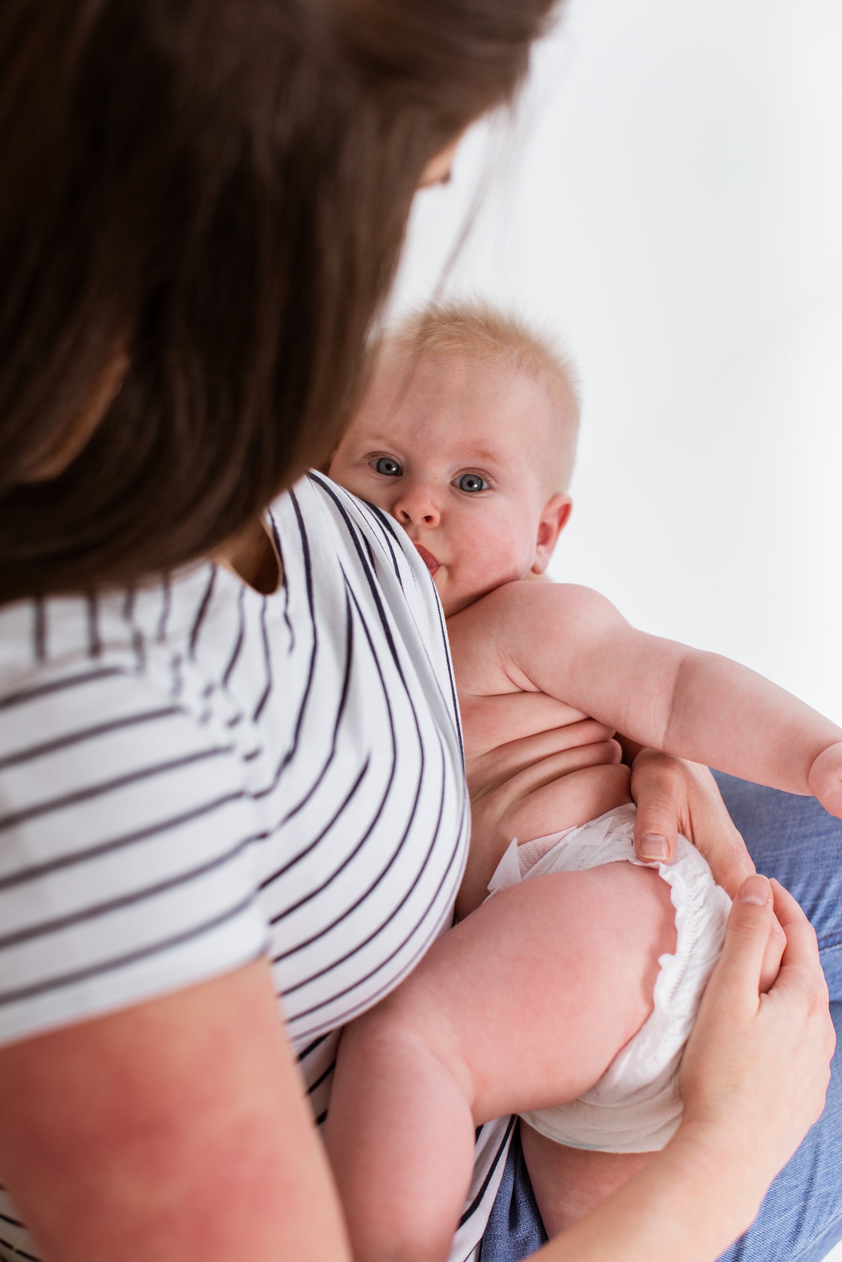 Nursing T-shirt in White with Navy Stripes