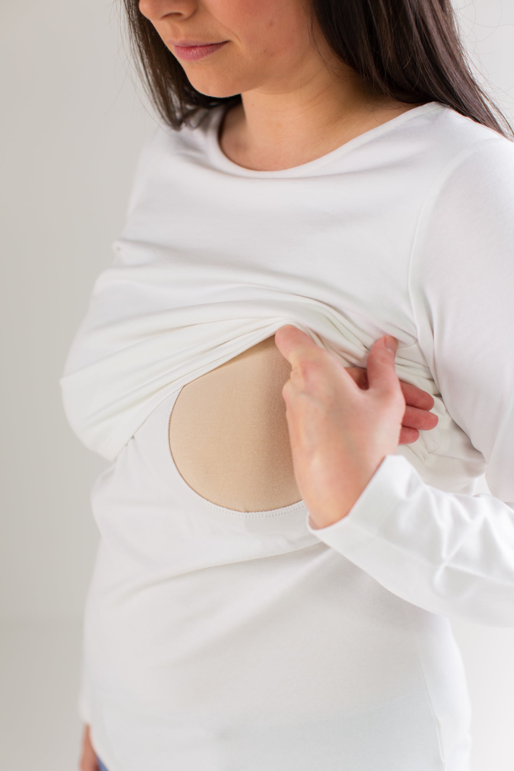 Organic Cotton White Long Sleeve nursing Top for breastfeeding