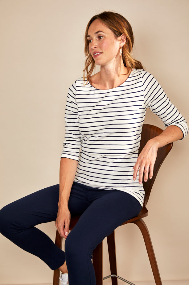Nursing 3 4th Sleeve T shirt White Navy Stripes