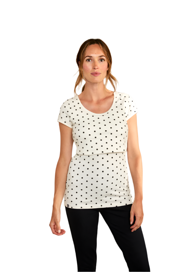 Nursing short sleeve t-shirt in White/Black Spots