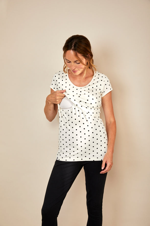 Nursing short sleeve t-shirt in White/Black Spots
