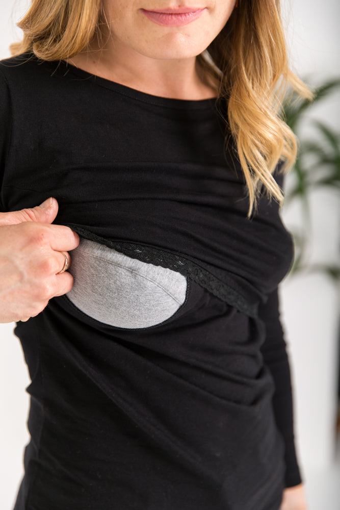 Organic Cotton Black Long Sleeve nursing Top for breastfeeding
