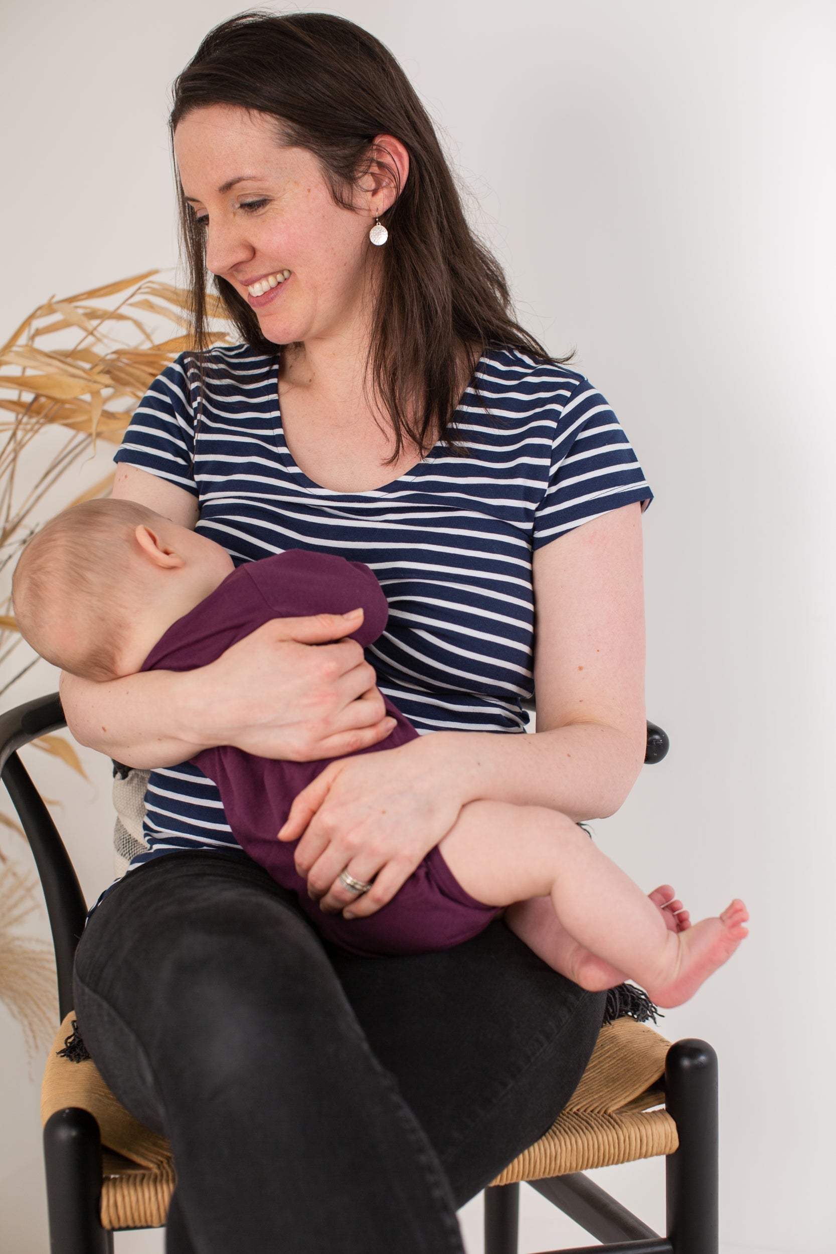 short sleeved Nursing T-shirt in Navy with White Stripes