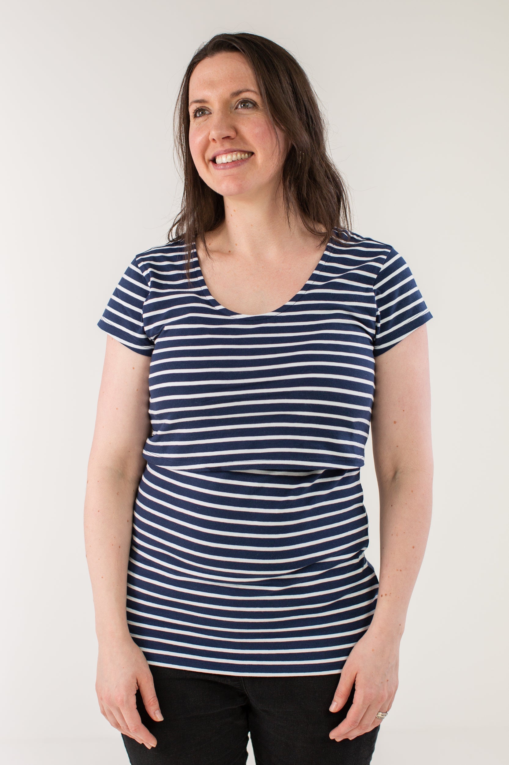 Nursing T-shirt in Navy with White Stripes