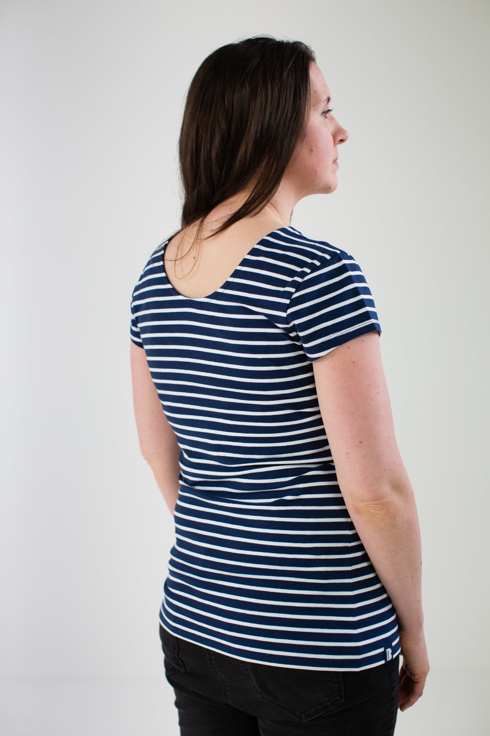 Nursing T-shirt in Navy with White Stripes back view