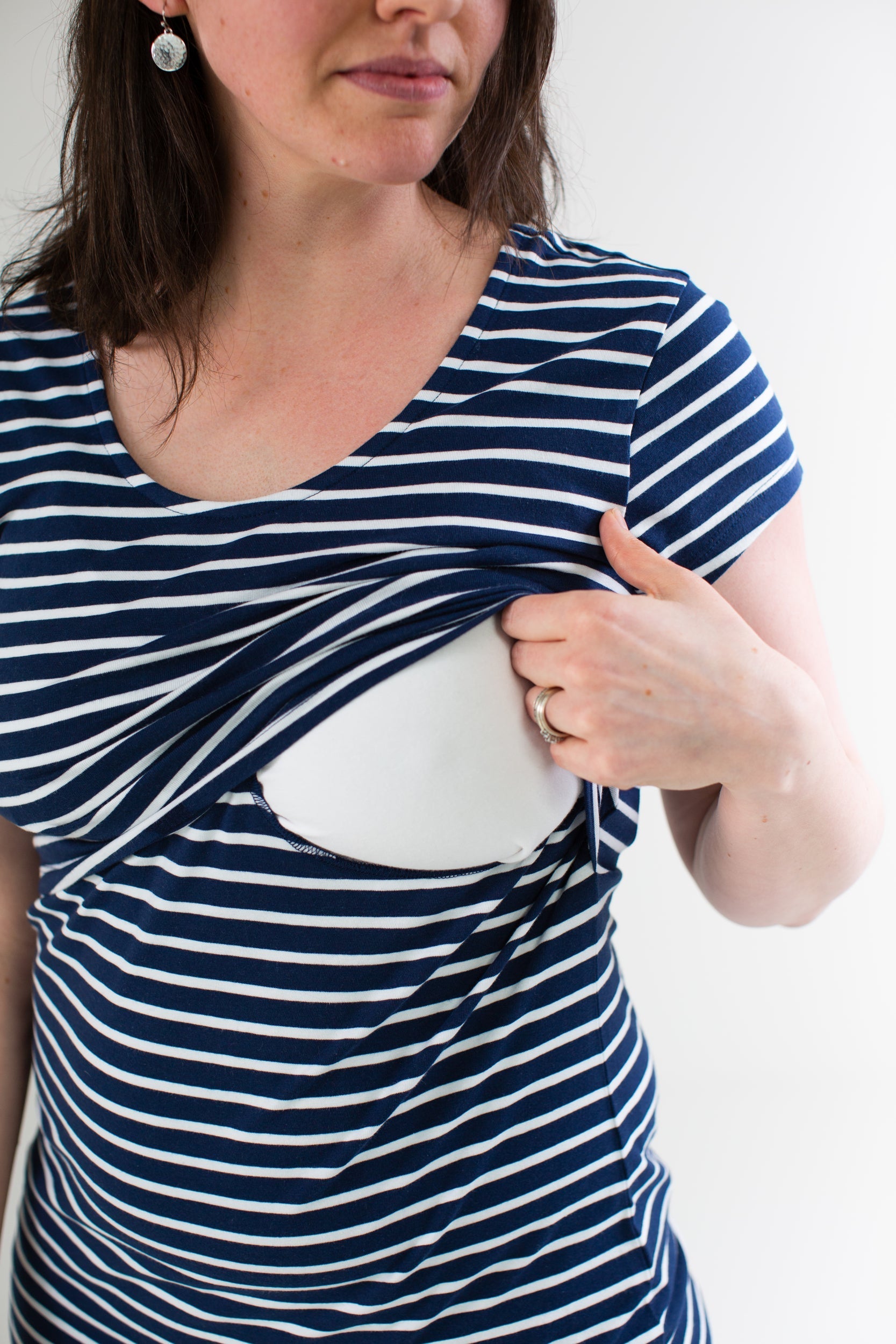 Nursing T-shirt in Navy with White Stripes with flap