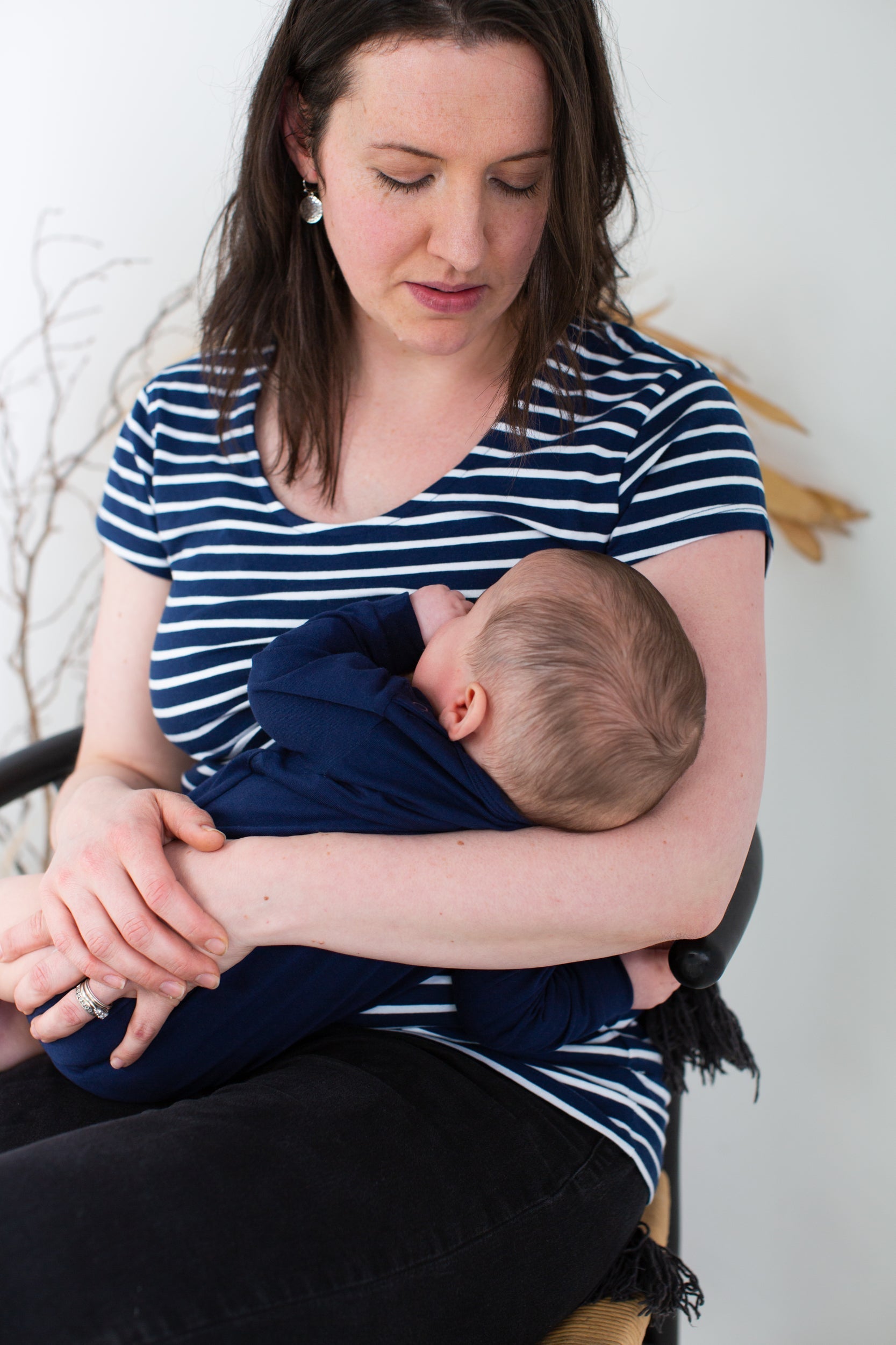 feeding baby wearing Nursing T-shirt in Navy with White Stripes