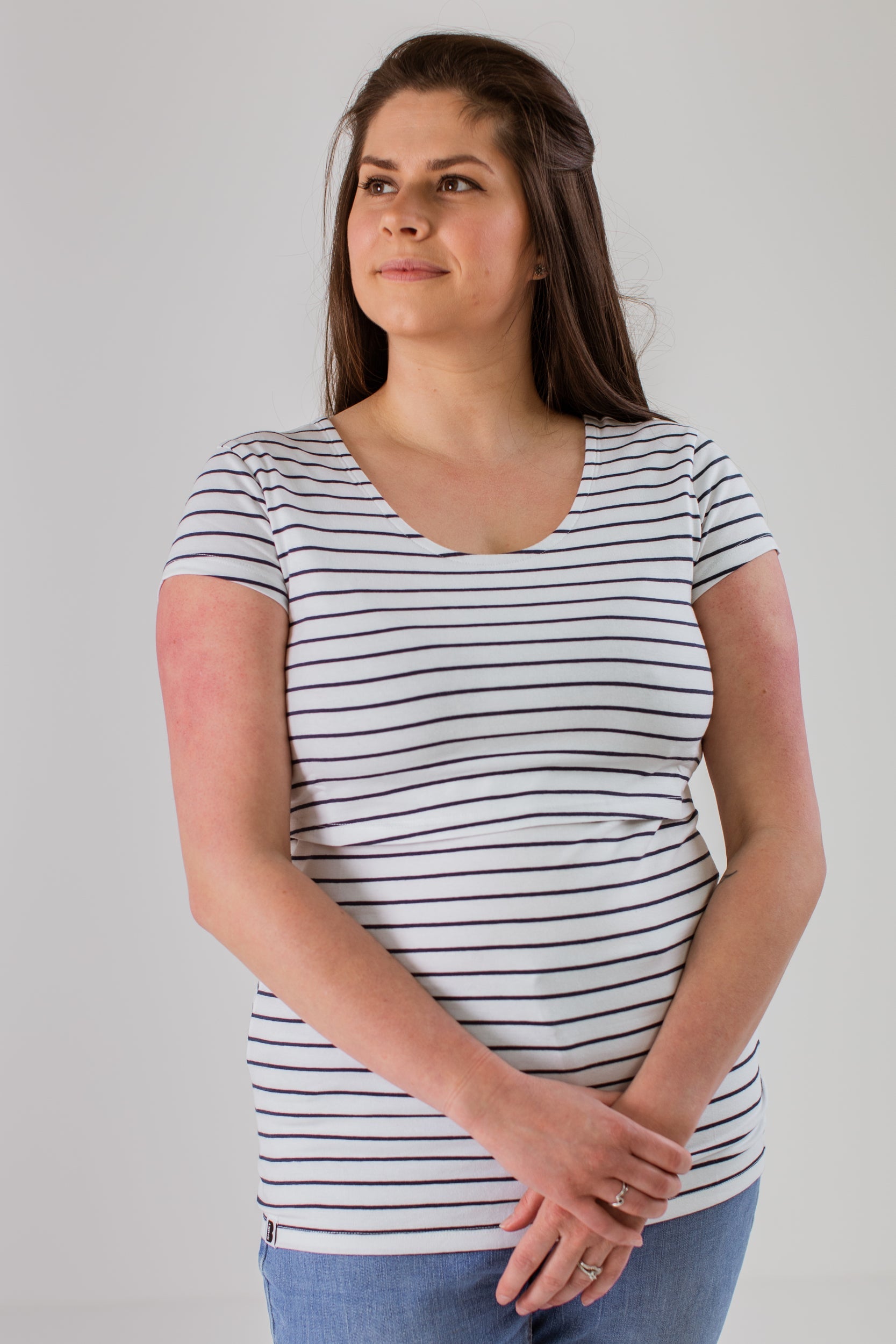 Nursing T-shirt in White with Navy Stripes