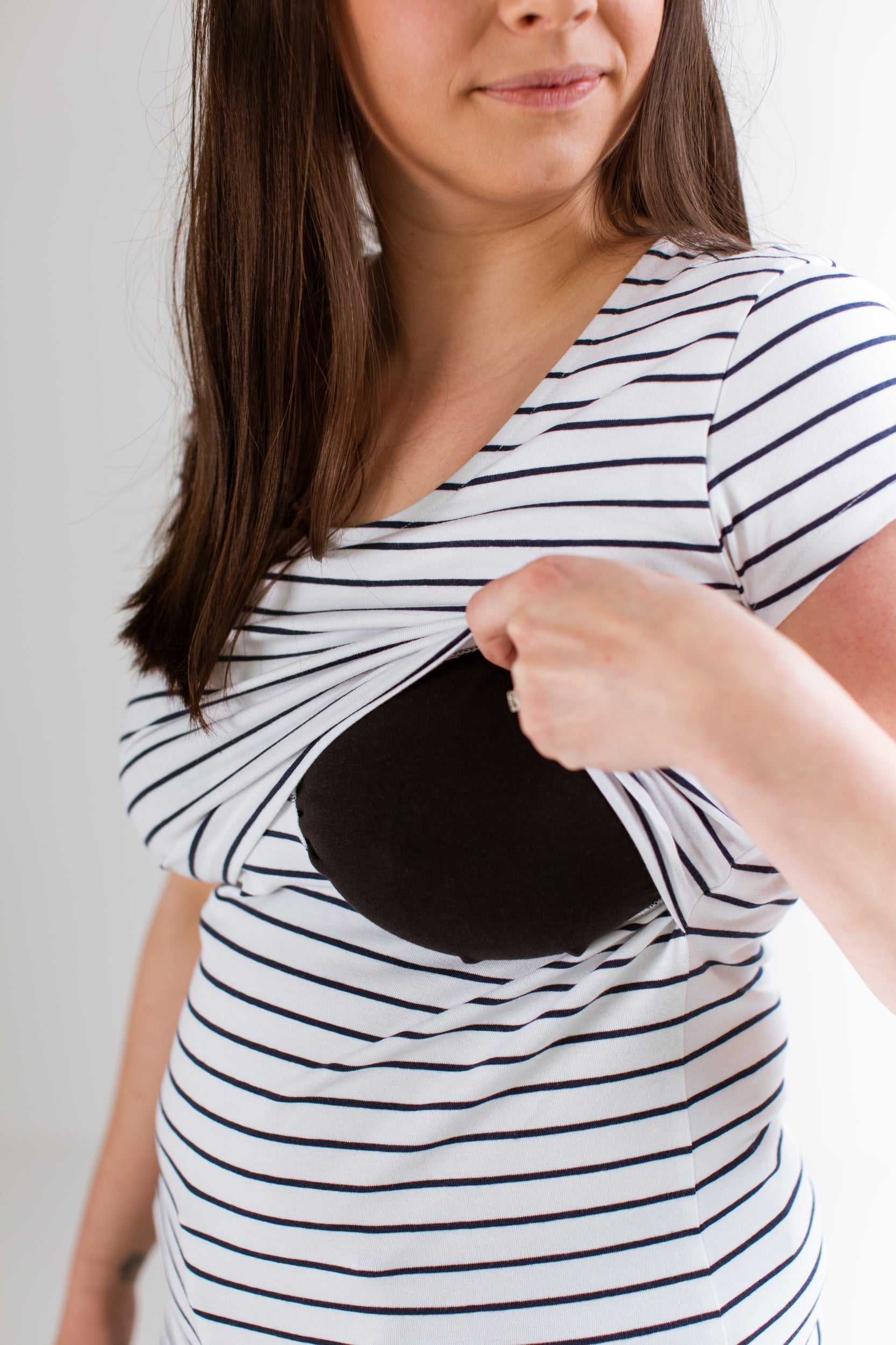 Nursing T-shirt in White with Navy Stripes with flap