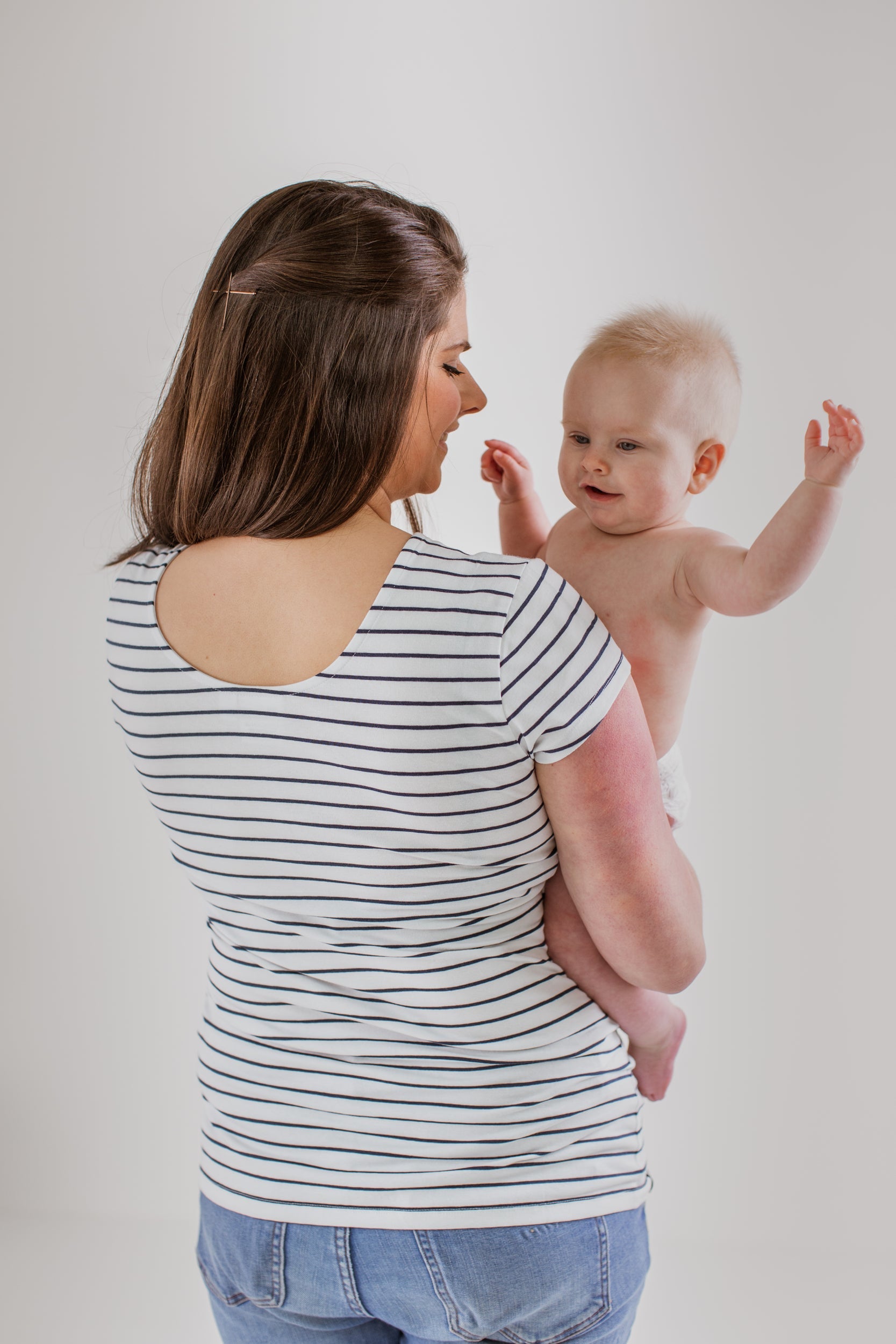 Nursing T-shirt in White with Navy Stripes back view