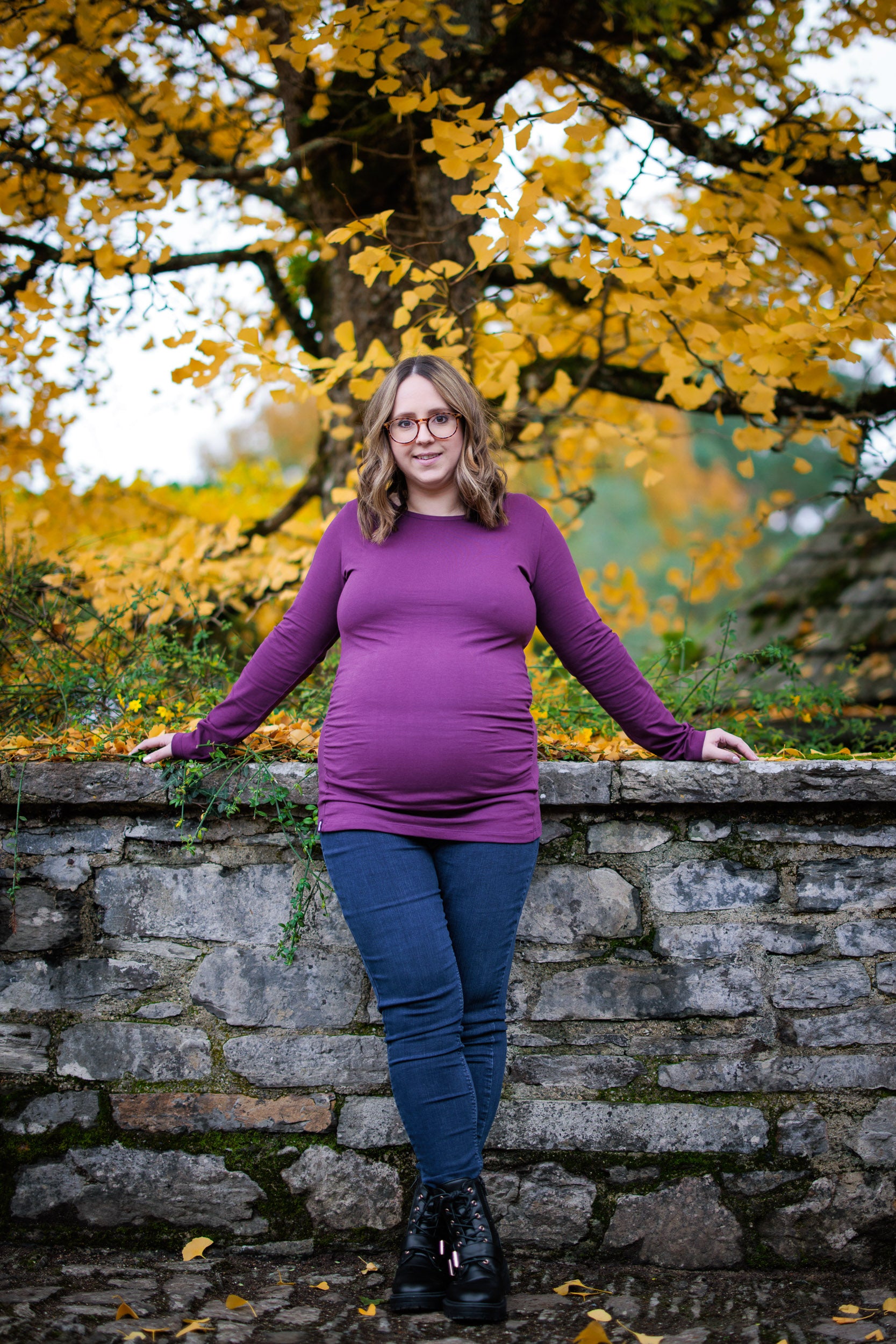 Maternity Long Sleeve Top in Plum Purple Organic Cotton for pregnancy