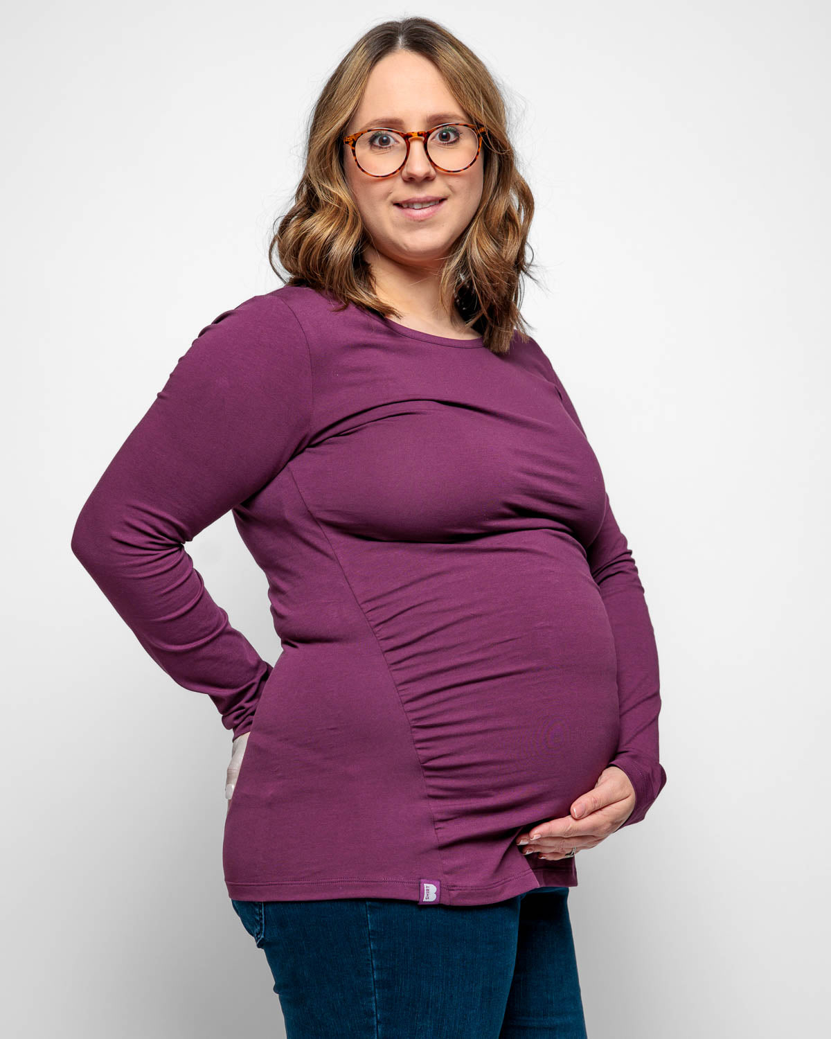 Maternity Long Sleeve Top in Plum Purple Organic Cotton for pregnancy