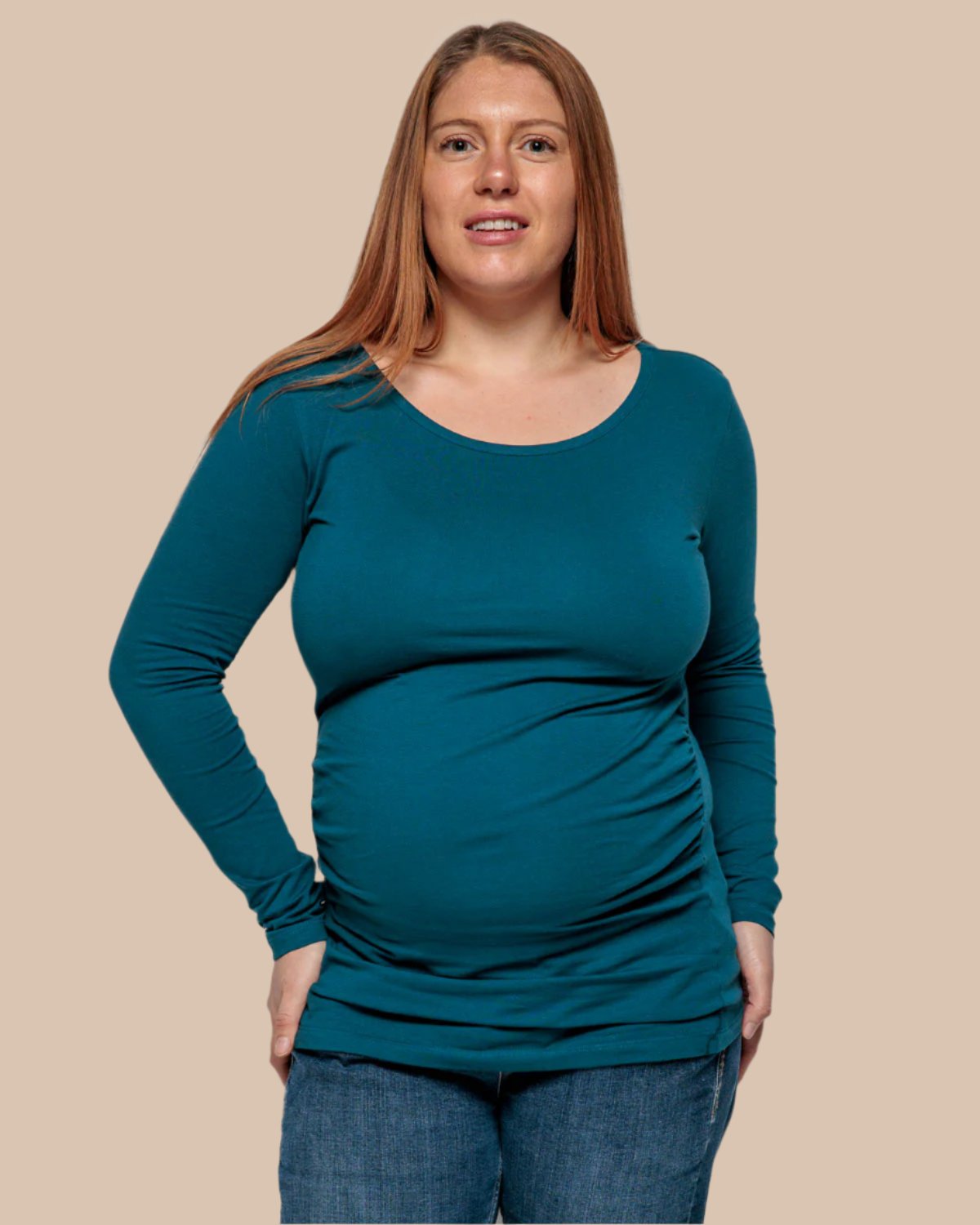 Maternity Long Sleeve Top in Teal Organic Cotton for pregnancy