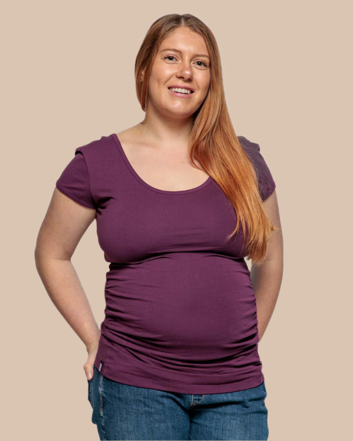 Maternity shirt sleeved t-shirt in Plum Purple Organic Cotton for pregnancy