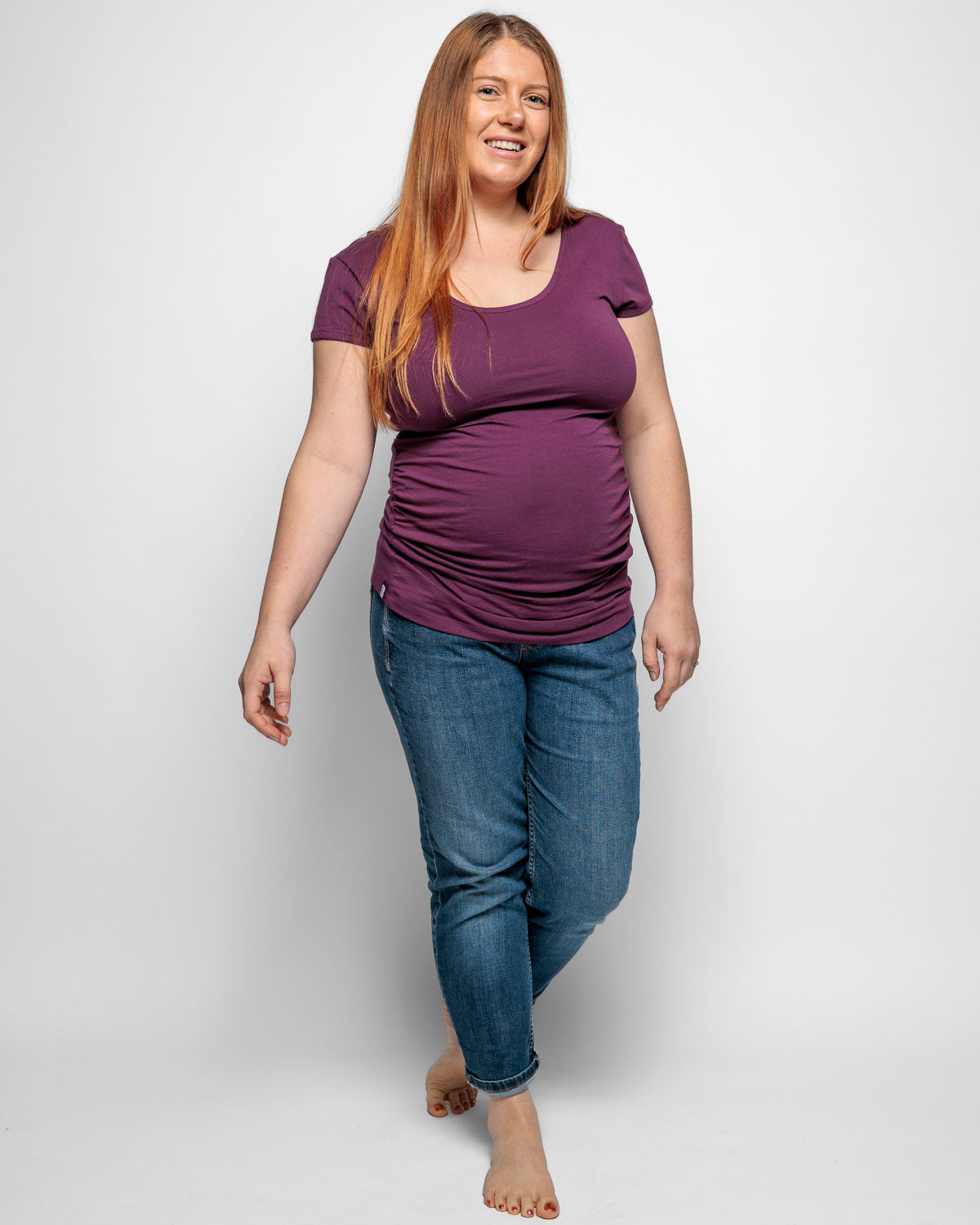 Maternity shirt sleeved t-shirt in Plum Purple Organic Cotton for pregnancy