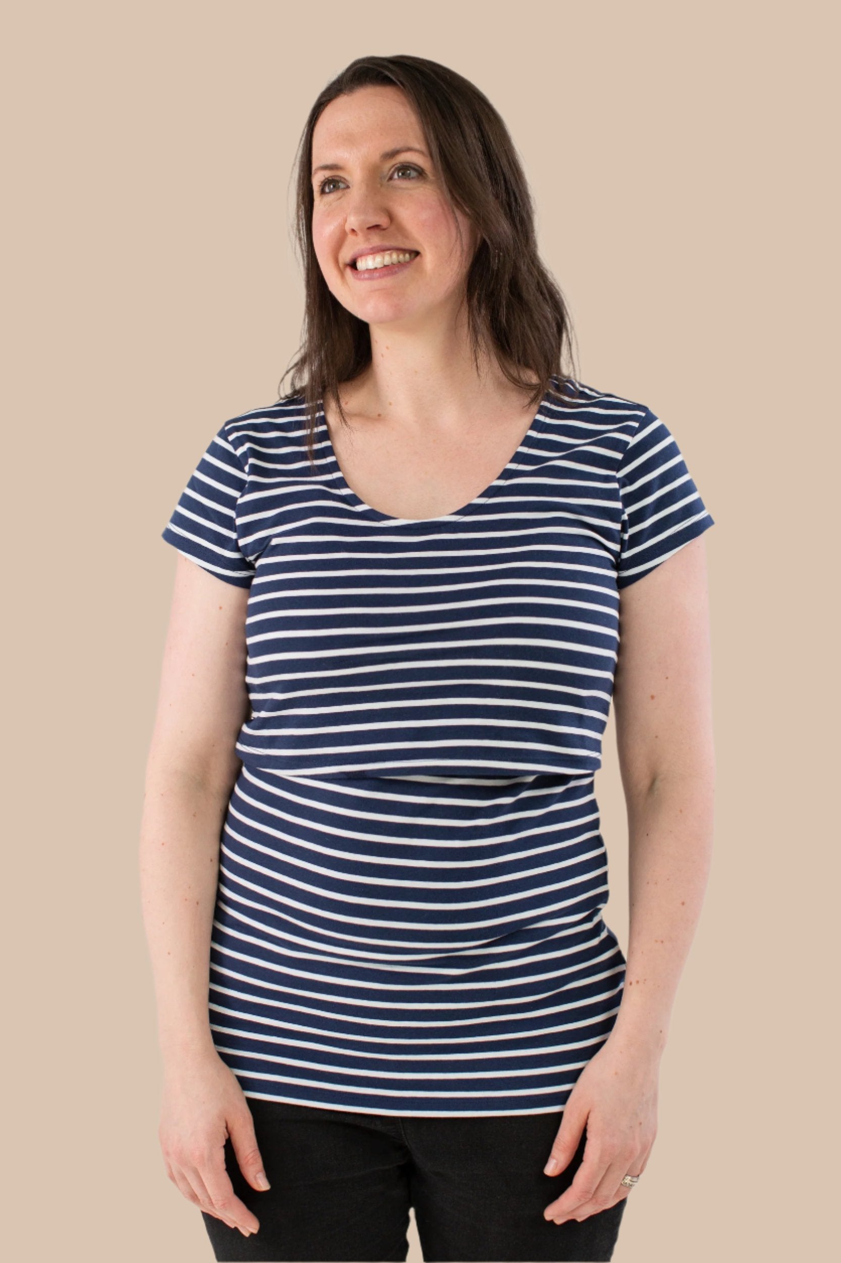 Nursing T-shirt in Navy with White Stripes