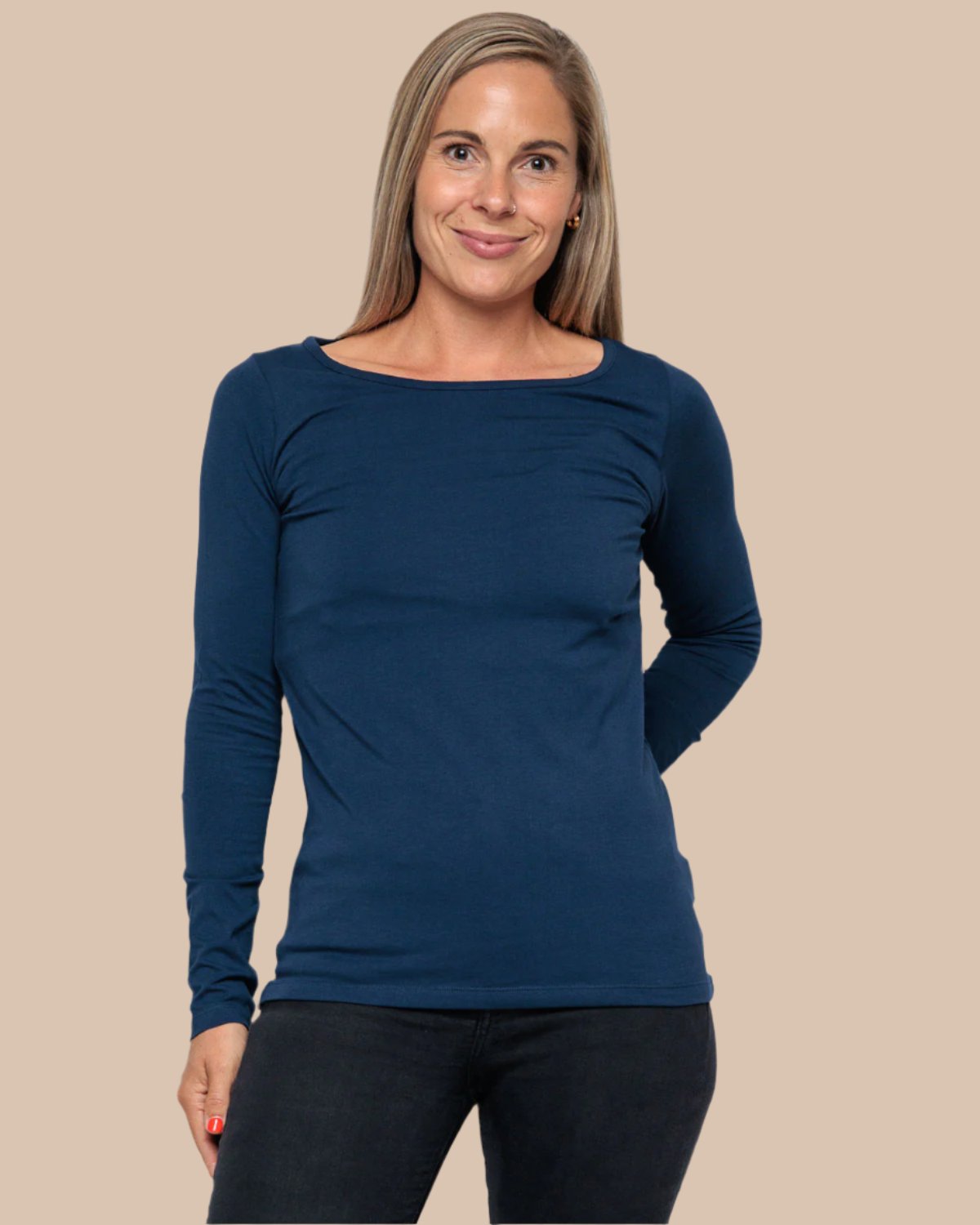 Organic Cotton Long Sleeve Top in navy blue for women