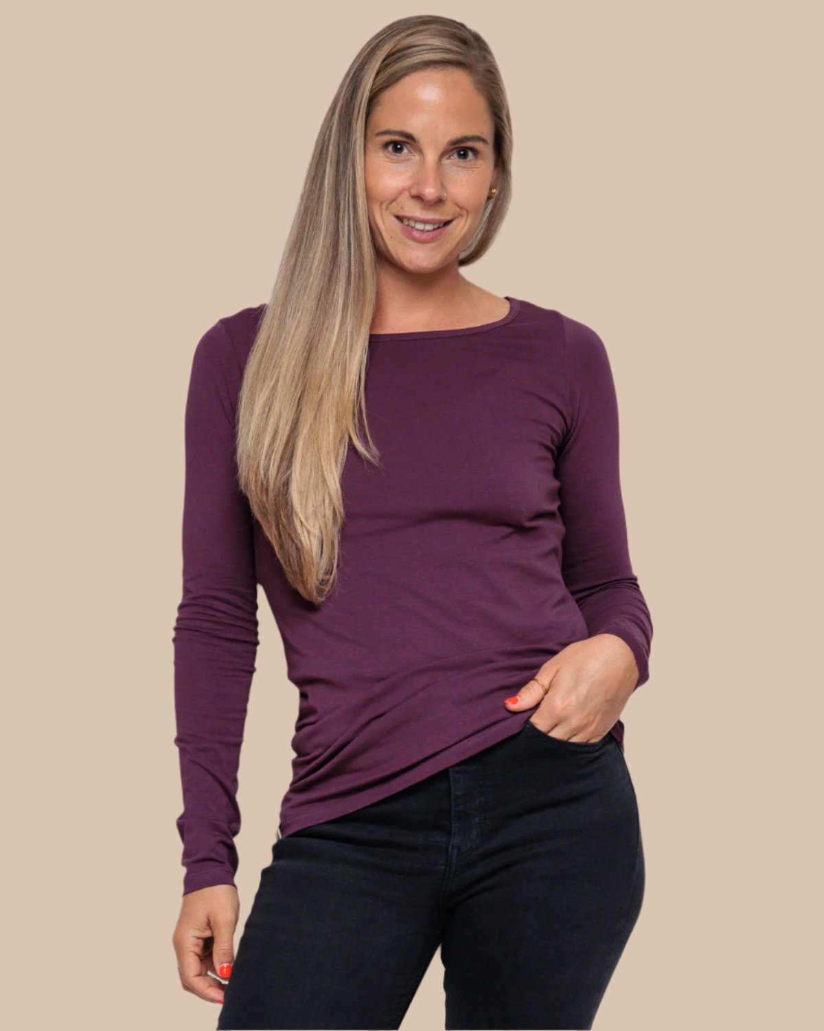 Organic Cotton Long Sleeve Top in plum purple for women