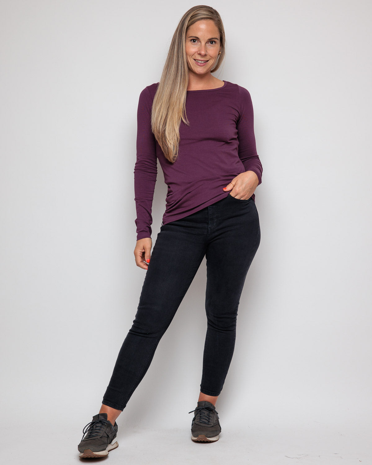 Organic Cotton Long Sleeve Top in plum purple for women